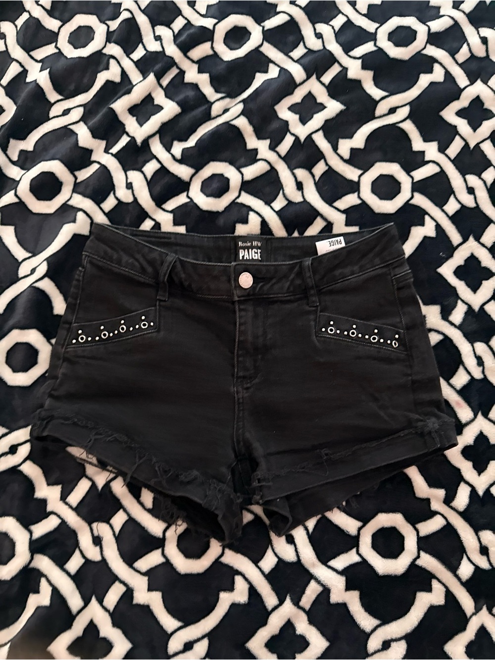 PAIGE Black Denim Shorts with Studded Pockets